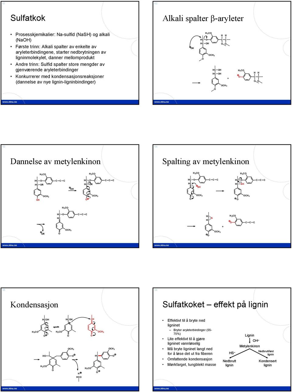 Dannelse av metylenkinon Spalting av metylenkinon 3 3 3 3 R R S S 3 3 3 3 3 S 3 + R 3 3 65 66 Kondensasjon Sulfatkoket effekt på lignin 3 3 3 3 3 3 3 Effektivt til å bryte ned ligninet Bryter
