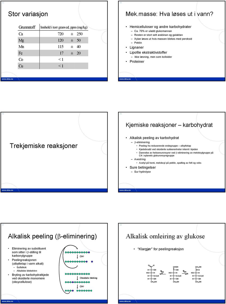 45 46 Kjemiske reaksjoner karbohydrat Trekjemiske reaksjoner Alkalisk peeling av karbohydrat β-eliminering Peeling fra reduserende endegruppe utbyttetap Kjedebrudd ved oksiderte sukkerenheter internt