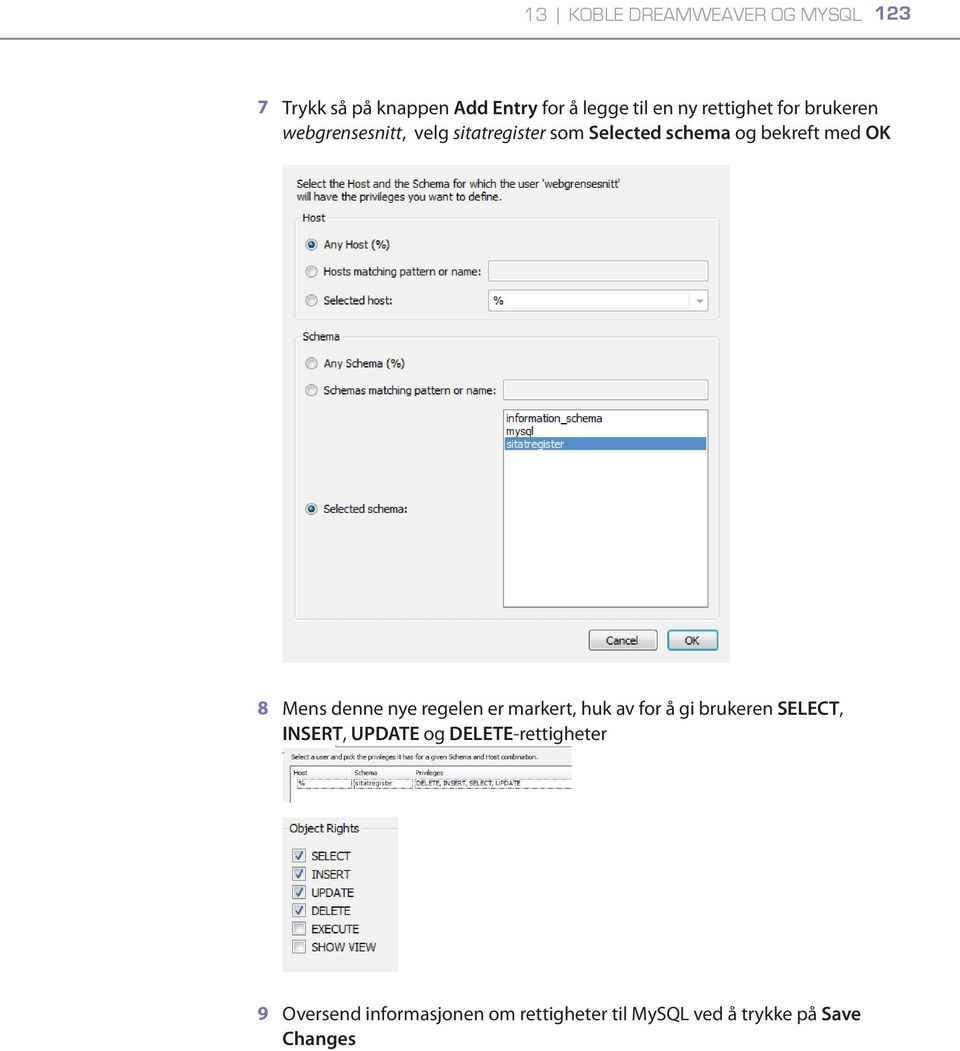 OK 8 Mens denne nye regelen er markert, huk av for å gi brukeren SELECT, INSERT, UPDATE og
