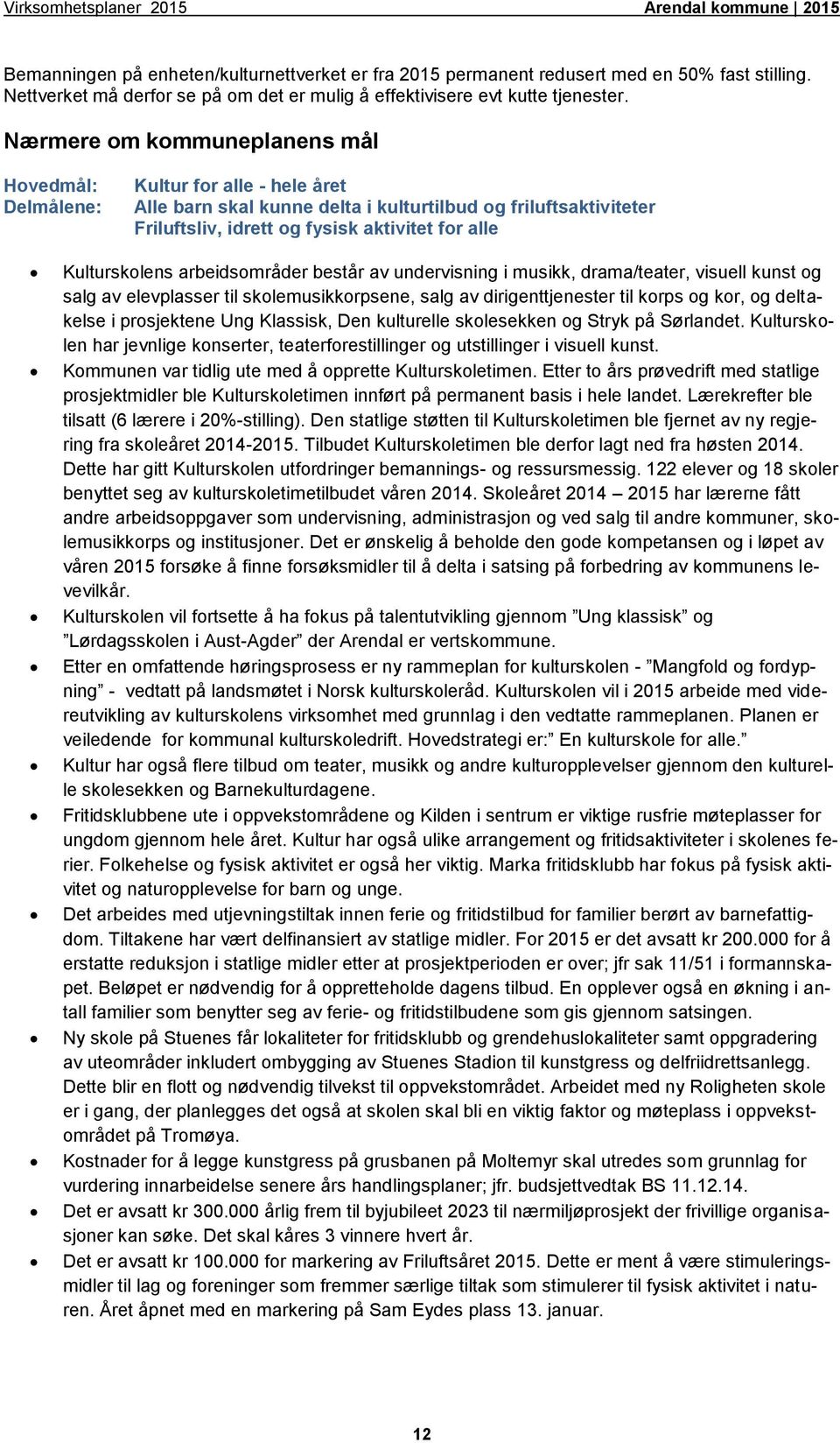 Kulturskolens arbeidsområder består av undervisning i musikk, drama/teater, visuell kunst og salg av elevplasser til skolemusikkorpsene, salg av dirigenttjenester til korps og kor, og deltakelse i