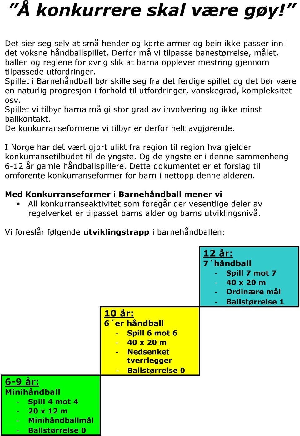 Spillet i Barnehåndball bør skille seg fra det ferdige spillet og det bør være en naturlig progresjon i forhold til utfordringer, vanskegrad, kompleksitet osv.