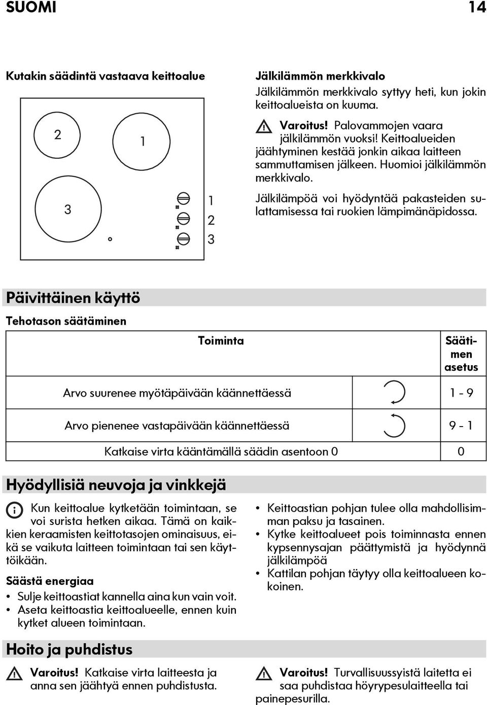 Päivittäinen käyttö Tehotason säätäminen Toiminta Säätimen asetus Arvo suurenee myötäpäivään käännettäessä 1-9 Arvo pienenee vastapäivään käännettäessä 9-1 Katkaise virta kääntämällä säädin asentoon