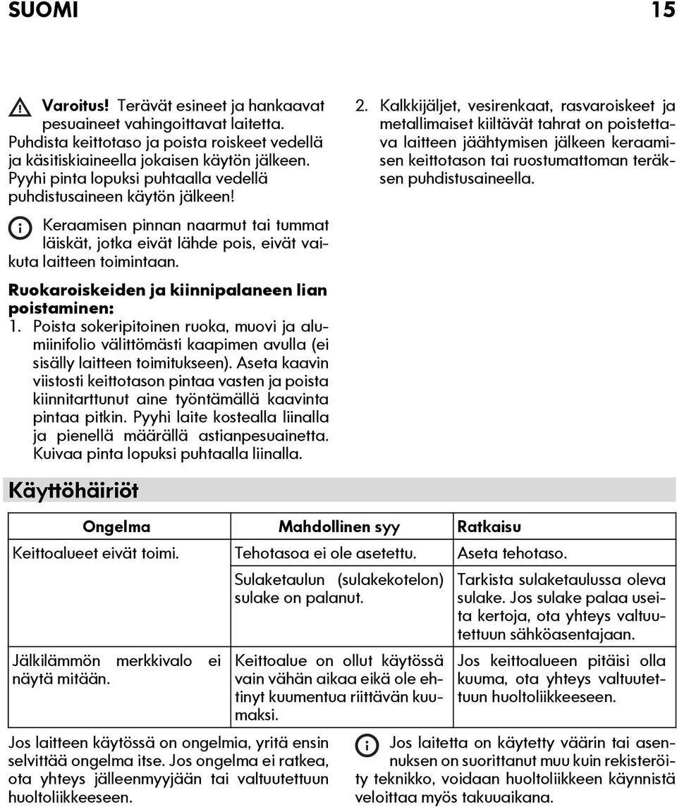 Ruokaroiskeiden ja kiinnipalaneen lian poistaminen: 1. Poista sokeripitoinen ruoka, muovi ja alumiinifolio välittömästi kaapimen avulla (ei sisälly laitteen toimitukseen).