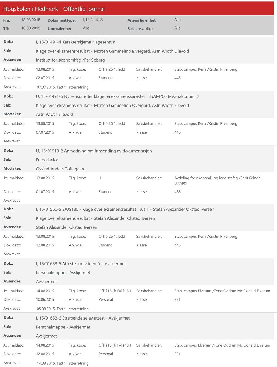 07.2015, Tatt til etterretning, 15/01491-6 Ny sensur etter klage på eksamenskarakter i 3SAM200 Mikroøkonomi 2 Klage over eksamensresultat - Morten Gammelmo Øvergård, Astri Width Ellevold Astri Width