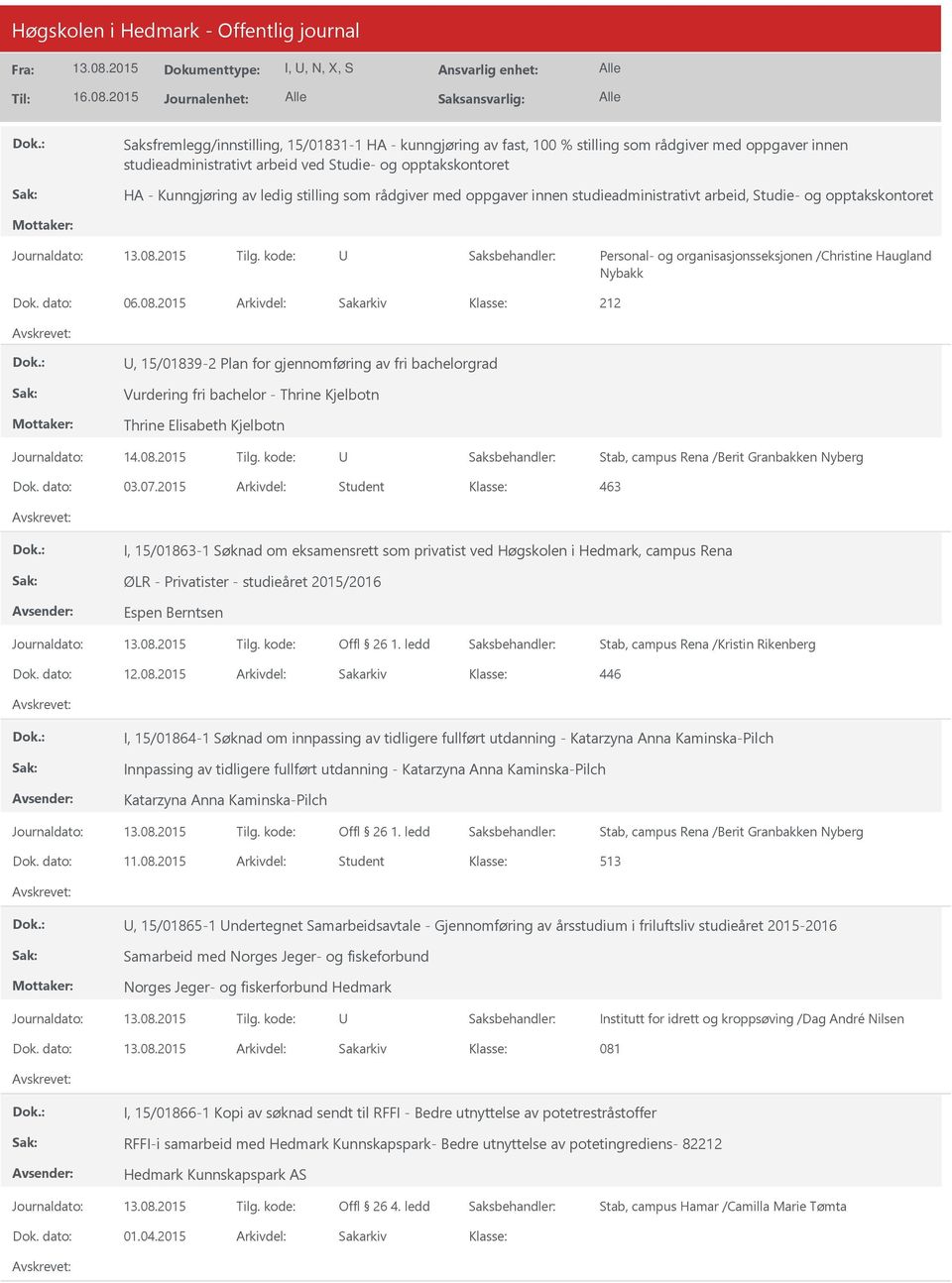 2015 Arkivdel: Sakarkiv 212, 15/01839-2 Plan for gjennomføring av fri bachelorgrad Vurdering fri bachelor - Thrine Kjelbotn Thrine Elisabeth Kjelbotn Stab, campus Rena /Berit Granbakken Nyberg Dok.