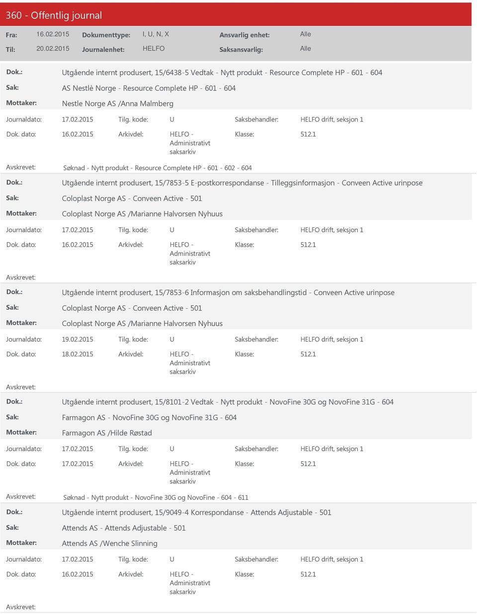 Coloplast Norge AS /Marianne Halvorsen Nyhuus tgående internt produsert, 15/7853-6 Informasjon om saksbehandlingstid - Conveen Active urinpose Coloplast Norge AS - Conveen Active - 501 Coloplast