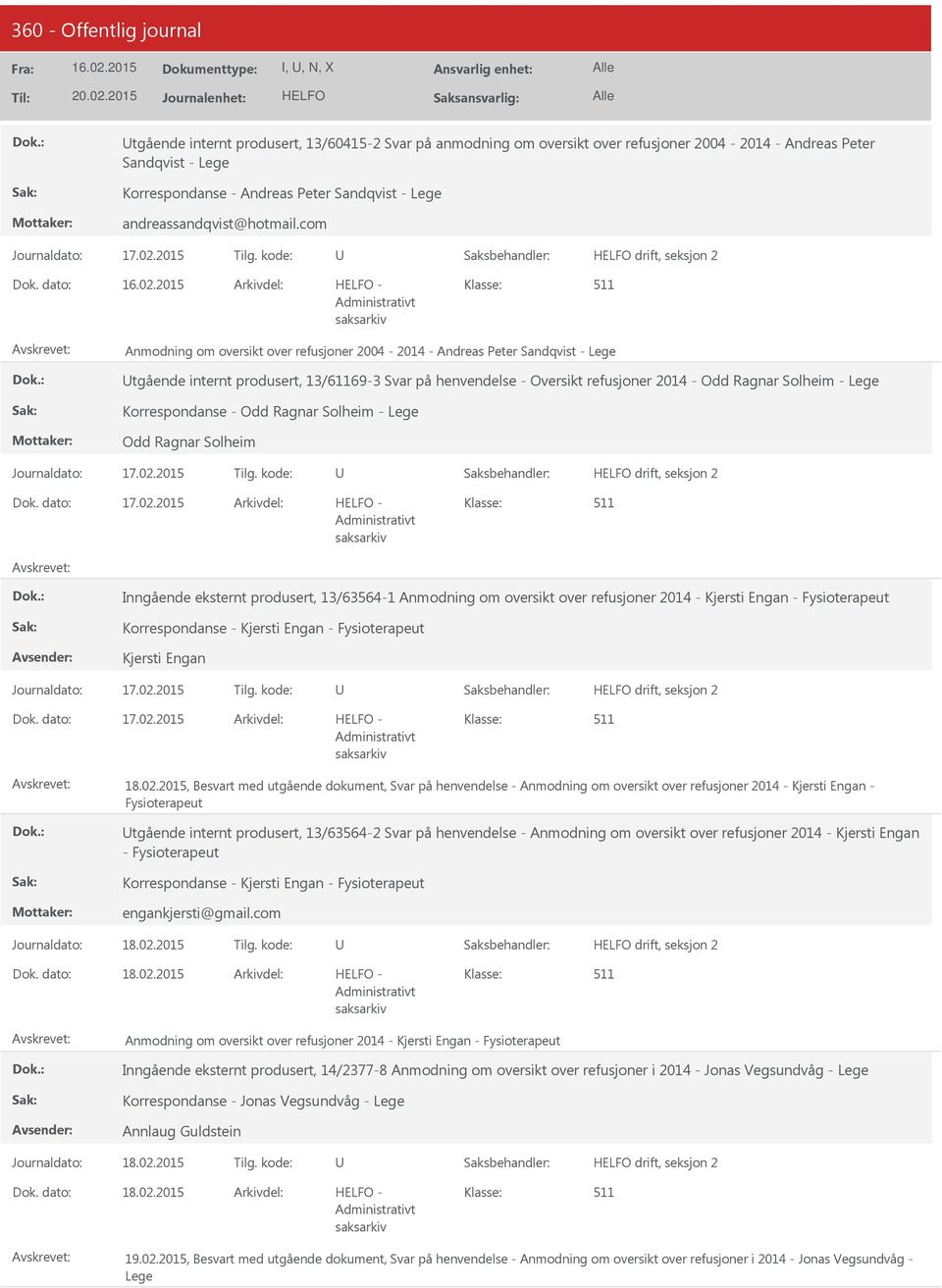 com drift, seksjon 2 Anmodning om oversikt over refusjoner 2004-2014 - Andreas Peter Sandqvist - Lege tgående internt produsert, 13/61169-3 Svar på henvendelse - Oversikt refusjoner 2014 - Odd Ragnar