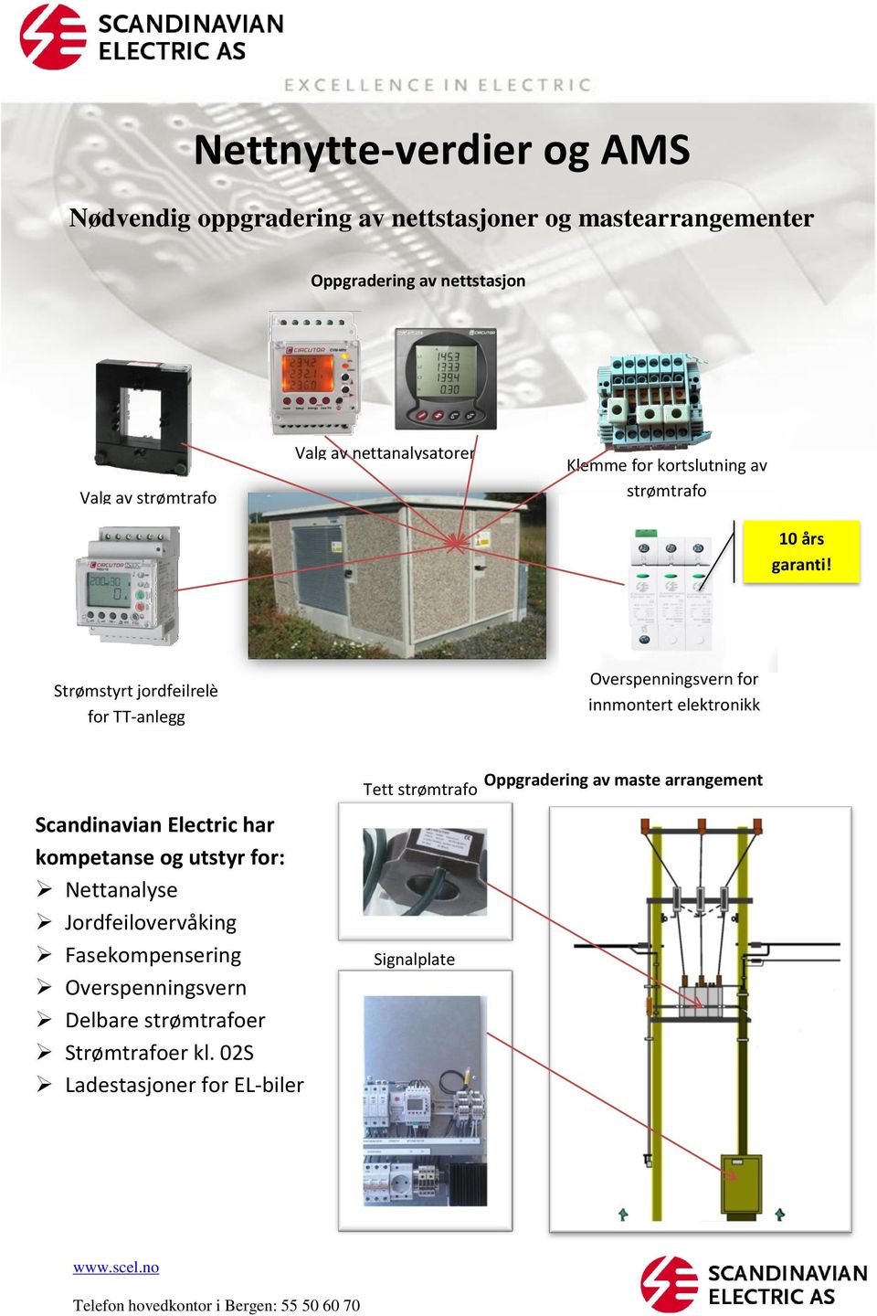 Strømstyrt jordfeilrelè for TT-anlegg Overspenningsvern for innmontert elektronikk Scandinavian Electric har kompetanse og utstyr for: