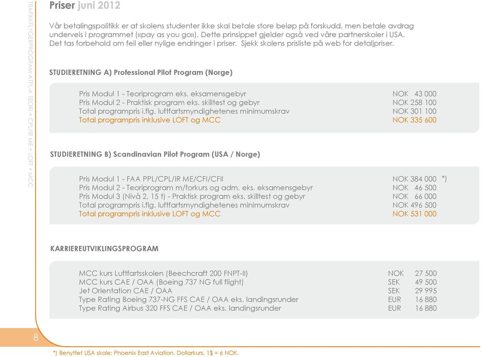 STUDIERETNING A) Professional Pilot Program (Norge) Pris Modul 1 - Teoriprogram eks. eksamensgebyr Pris Modul 2 - Praktisk program eks. skilltest og gebyr Total programpris i.flg.