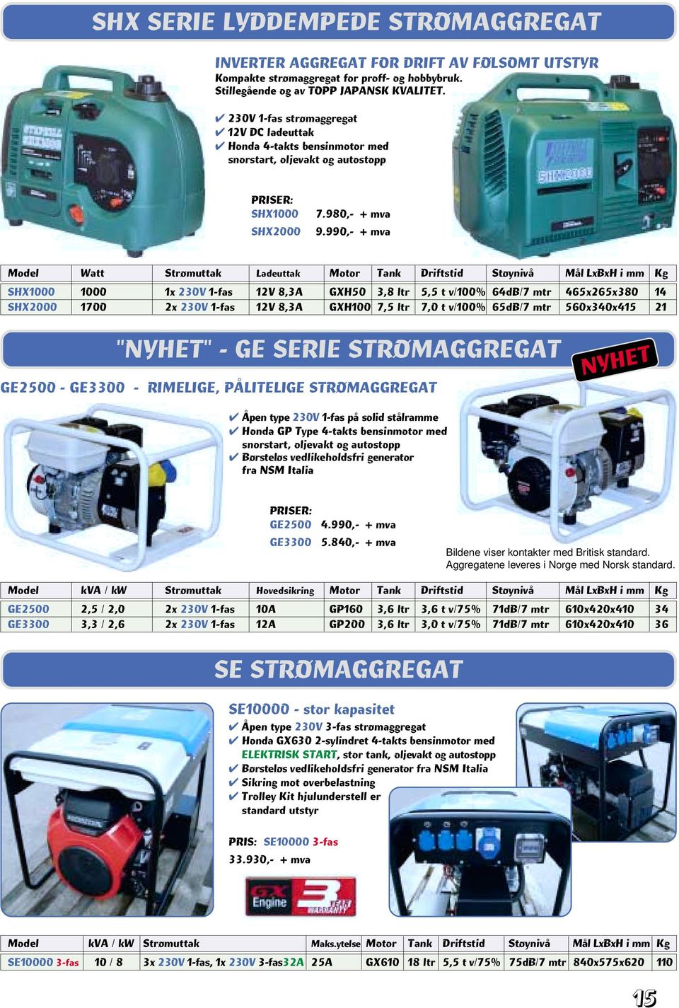 990,- + mva Model Watt Strømuttak Ladeuttak Motor Tank Driftstid Støynivå Mål LxBxH i mm Kg SHX1000 1000 1x 230V 1-fas 12V 8,3A GXH50 3,8 ltr 5,5 t v/100% 64dB/7 mtr 465x265x380 14 SHX2000 1700 2x