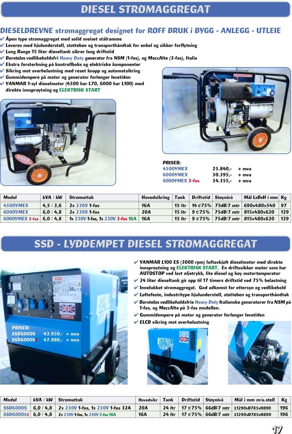 Ekstra forsterkning på kontrollboks og elektriske komponenter Sikring mot overbelastning med reset knapp og automatsikring Gummidempere på motor og generator forlenger levetiden YANMAR 1-syl