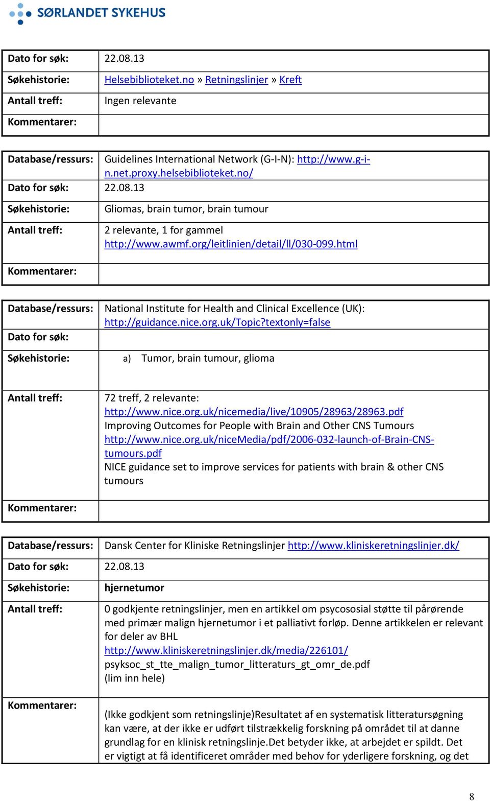 org/leitlinien/detail/ll/030-099.html Database/ressurs: Dato for søk: Søkehistorie: National Institute for Health and Clinical Excellence (UK): http://guidance.nice.org.uk/topic?