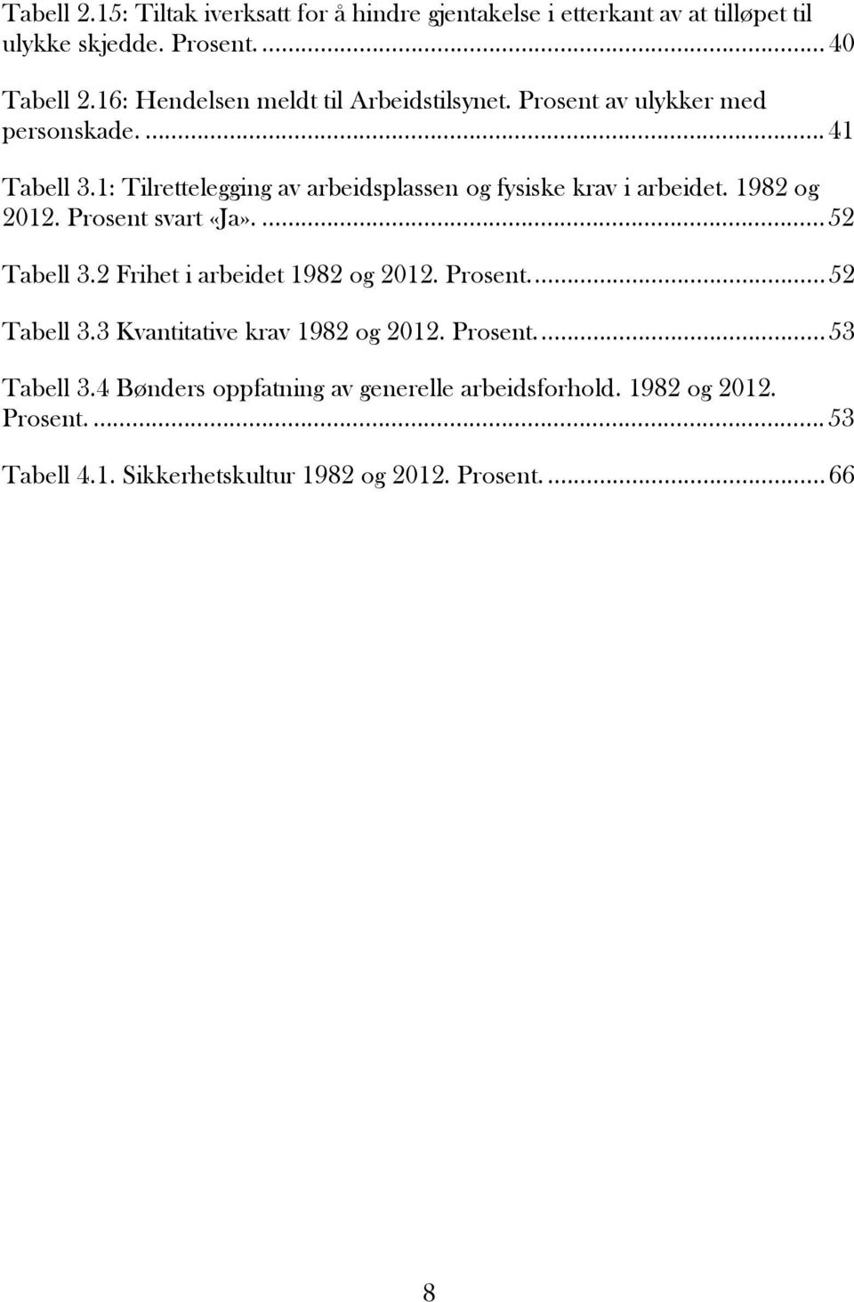 1: Tilrettelegging av arbeidsplassen og fysiske krav i arbeidet. 1982 og 2012. Prosent svart «Ja».... 52 Tabell 3.2 Frihet i arbeidet 1982 og 2012.