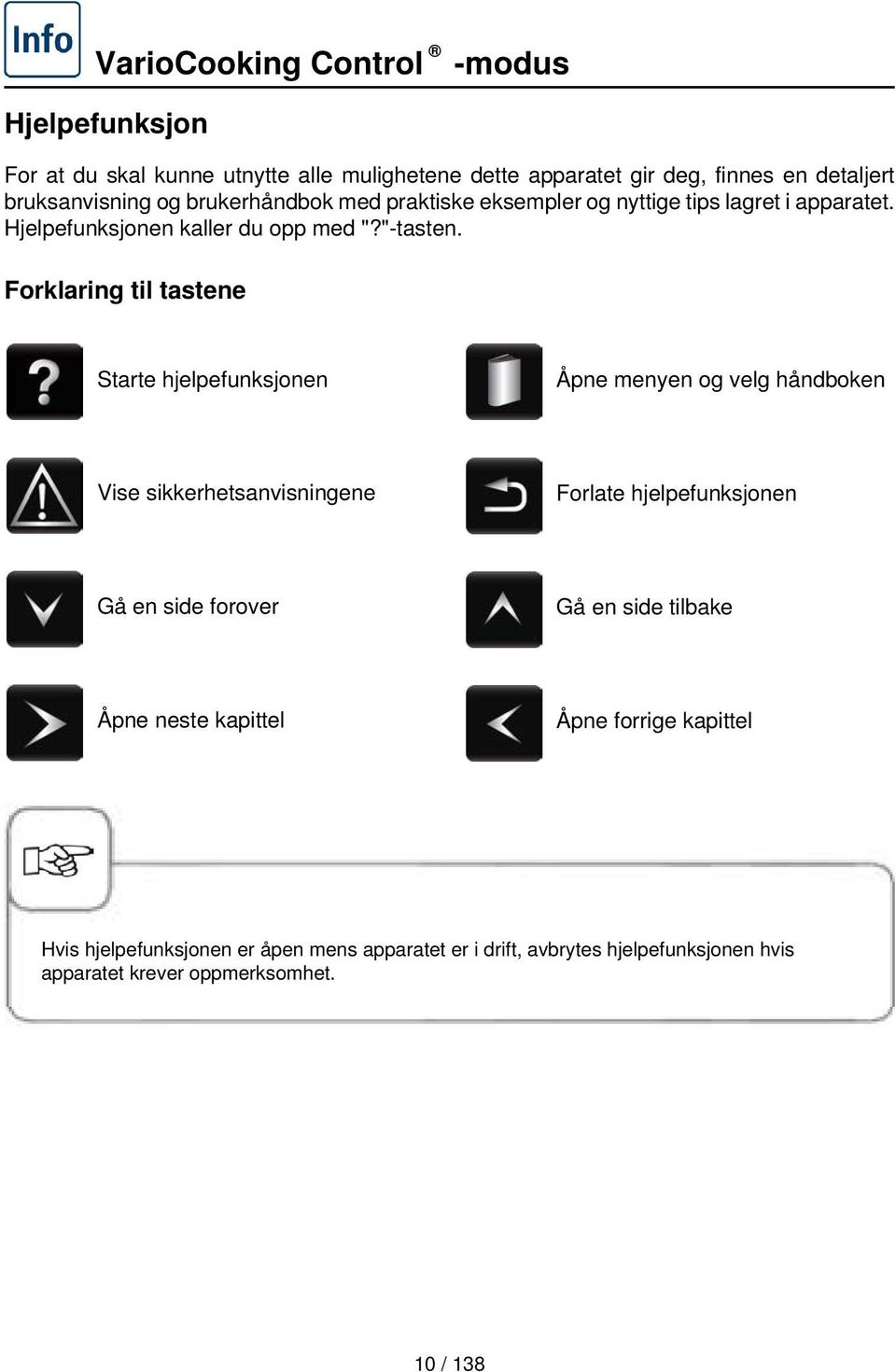 Forklaring til tastene Starte hjelpefunksjonen Åpne menyen og velg håndboken Vise sikkerhetsanvisningene Forlate hjelpefunksjonen Gå en side forover Gå