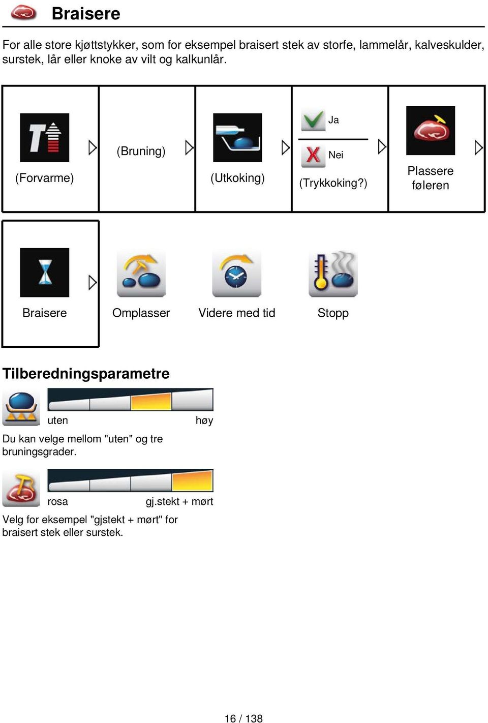 ) Plassere føleren Braisere Omplasser Videre med tid Stopp Tilberedningsparametre Du kan velge mellom "" og