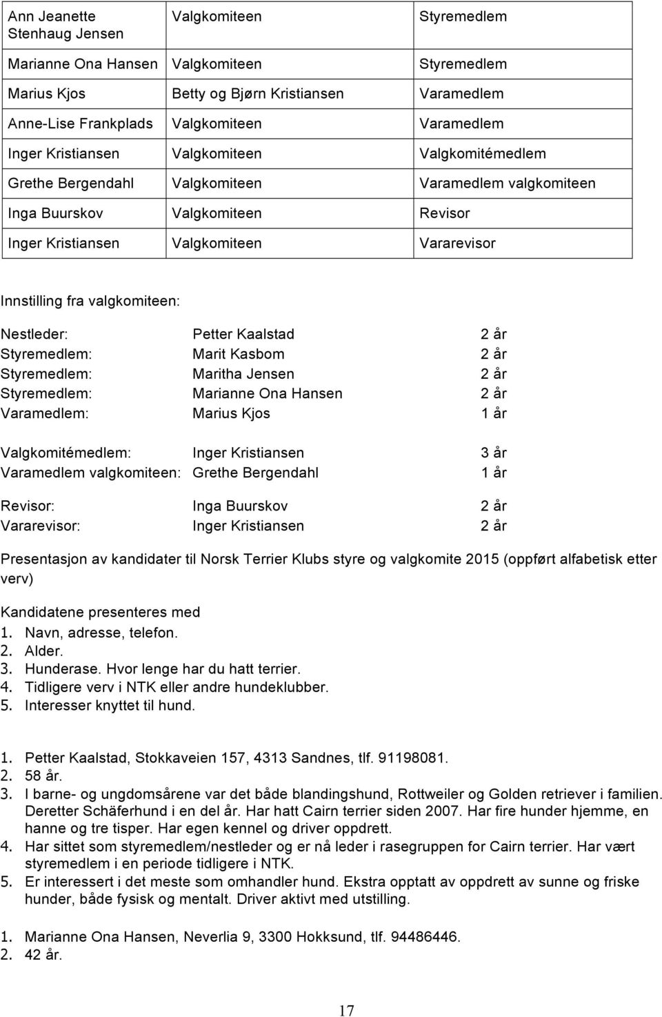 valgkomiteen: Nestleder: Petter Kaalstad 2 år Styremedlem: Marit Kasbom 2 år Styremedlem: Maritha Jensen 2 år Styremedlem: Marianne Ona Hansen 2 år Varamedlem: Marius Kjos 1 år Valgkomitémedlem: