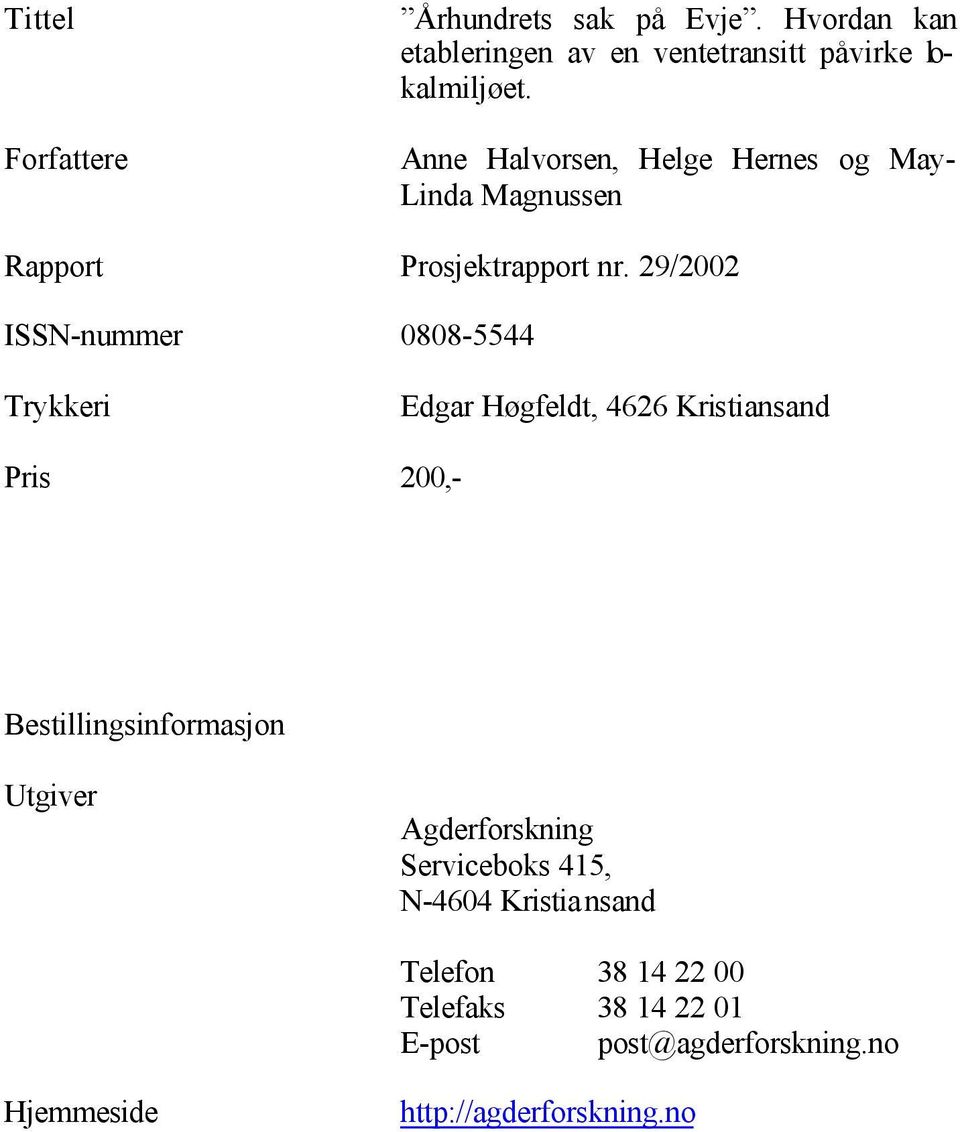 29/2002 ISSN-nummer 0808-5544 Trykkeri Edgar Høgfeldt, 4626 Kristiansand Pris 200,- Bestillingsinformasjon Utgiver