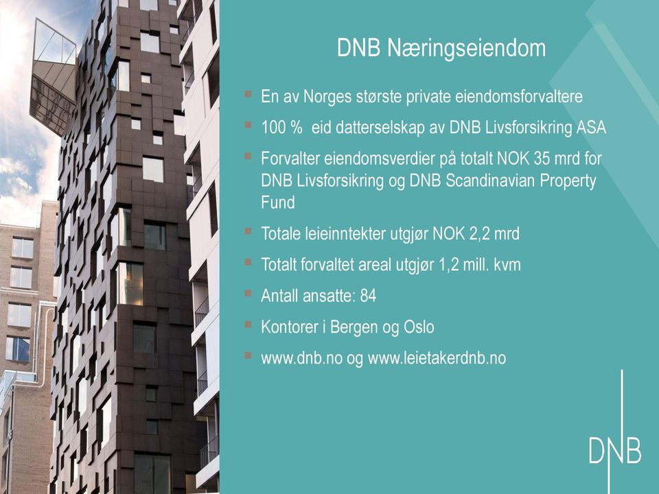 DNB Scandinavian Property Fund Totale leieinntekter utgjør NOK 2,2 mrd Totalt forvaltet areal