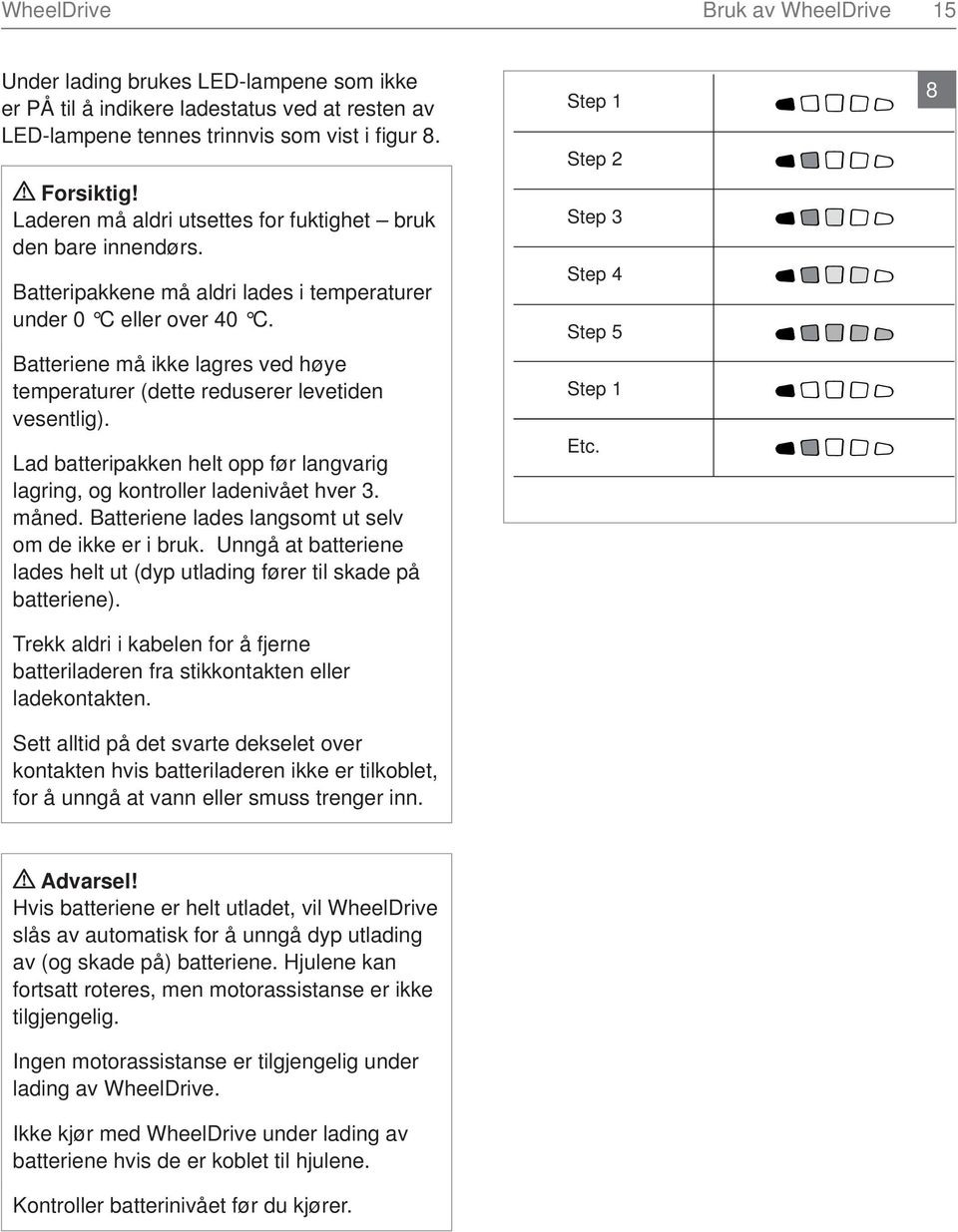 Batteriene må ikke lagres ved høye temperaturer (dette reduserer levetiden vesentlig). Lad batteripakken helt opp før langvarig lagring, og kontroller ladenivået hver 3. måned.