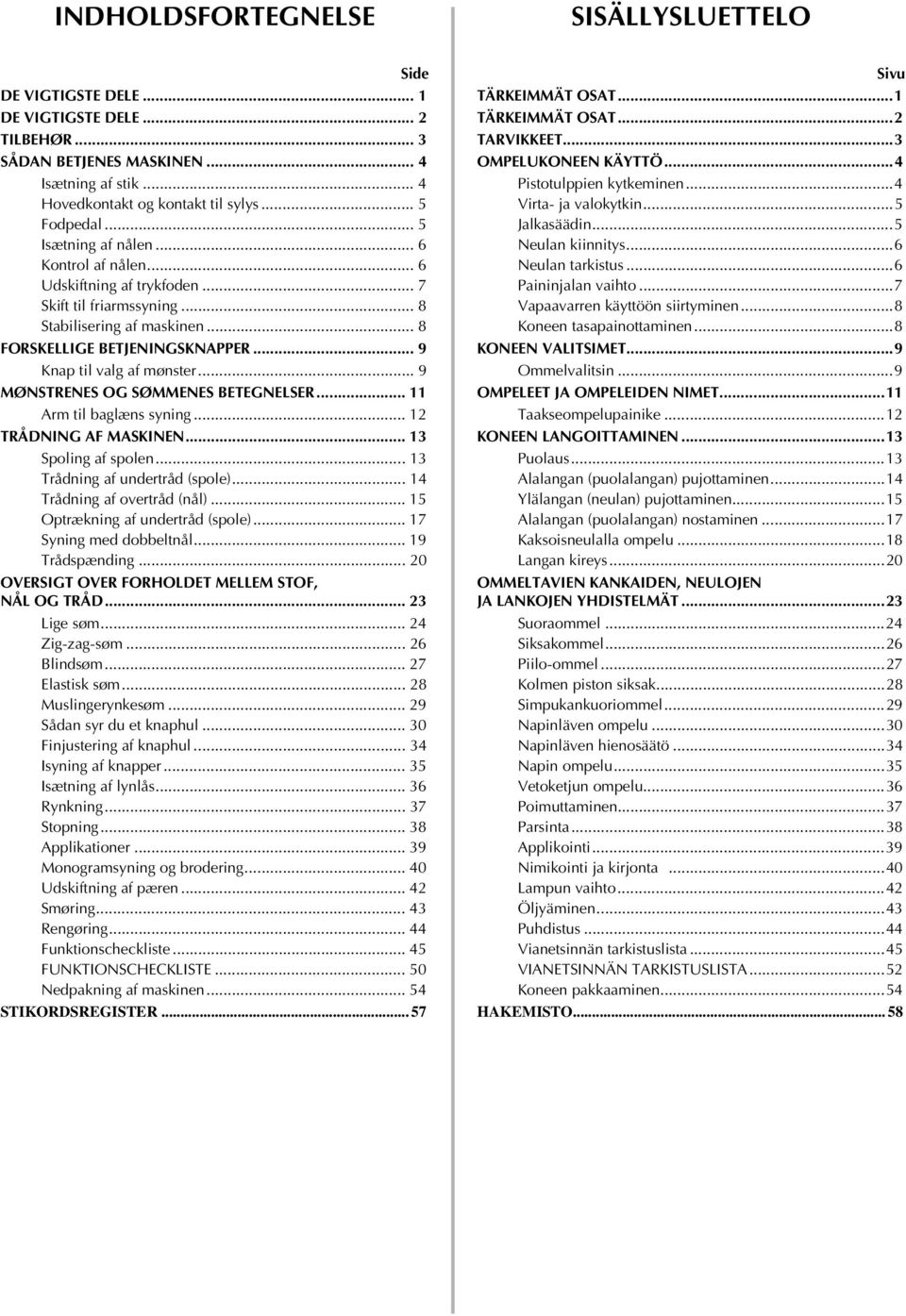 .. 9 MØNSTRENES OG SØMMENES BETEGNELSER... 11 Arm til baglæns syning... 12 TRÅDNING AF MASKINEN... 13 Spoling af spolen... 13 Trådning af undertråd (spole)... 14 Trådning af overtråd (nål).