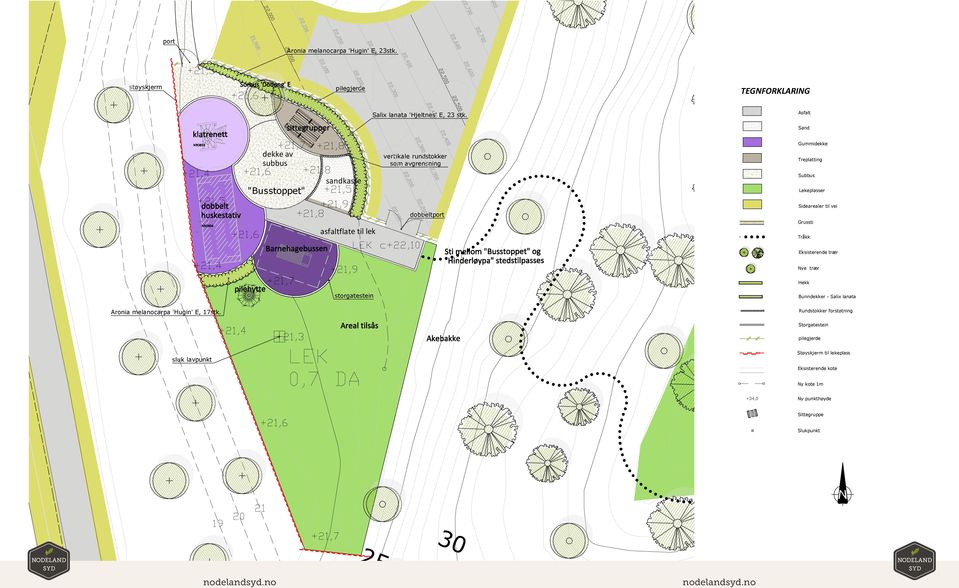 dekke av subbus "Busstoppet" dekke av subbus "Busstoppet" sandkasse pilegjerde asfaltflate til lek sandkasse asfaltflate til lek vertikale rundstokker som avgrensning Salix lanata 'Hjeltnes' E, 23