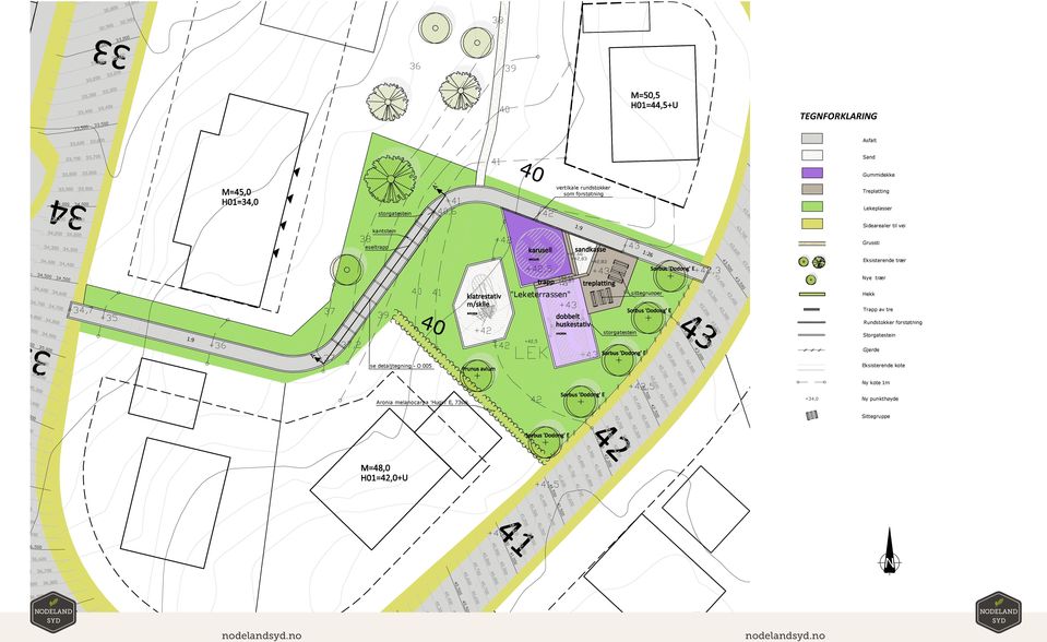 Eksisterende trær Treplatting Lekeplasser Sidearealer til vei Trapp av tre Grussti Rundstokker forstøtning Storgatestein Eksisterende trær Gjerde Eksisterende kote Ny kote Trapp 1mav tre Ny