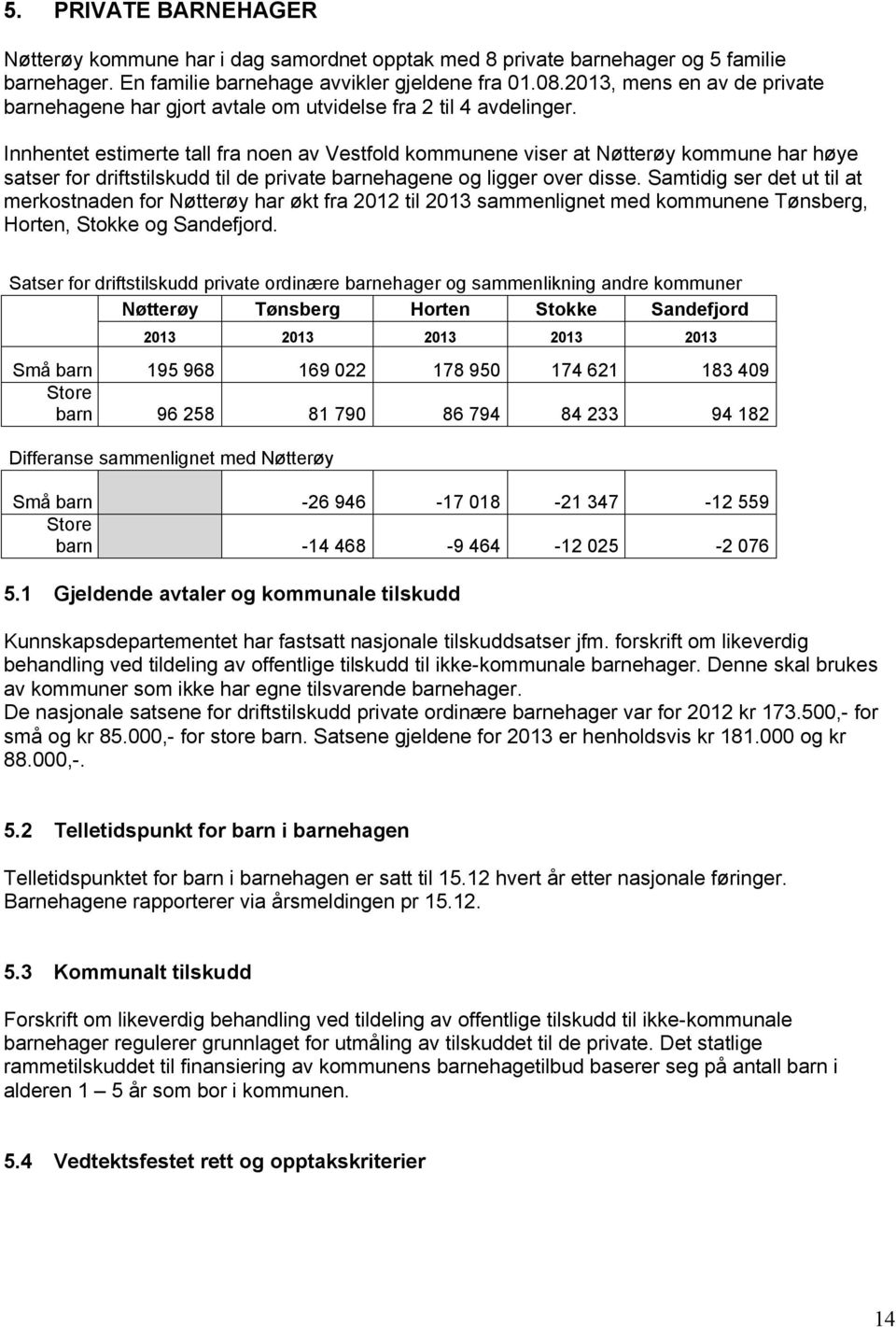 Innhentet estimerte tall fra noen av Vestfold kommunene viser at Nøtterøy kommune har høye satser for driftstilskudd til de private barnehagene og ligger over disse.