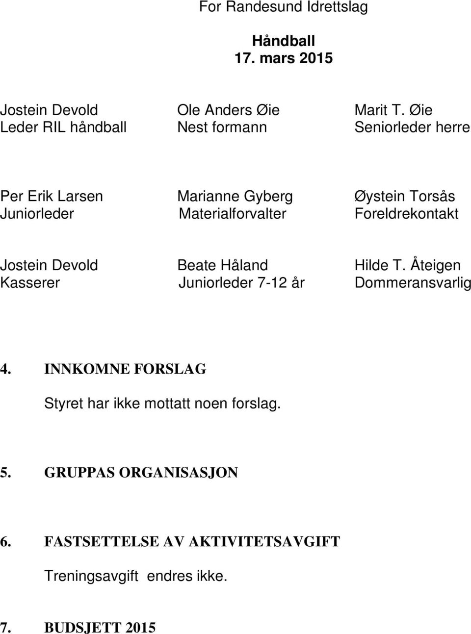 Materialforvalter Foreldrekontakt Jostein Devold Beate Håland Hilde T.