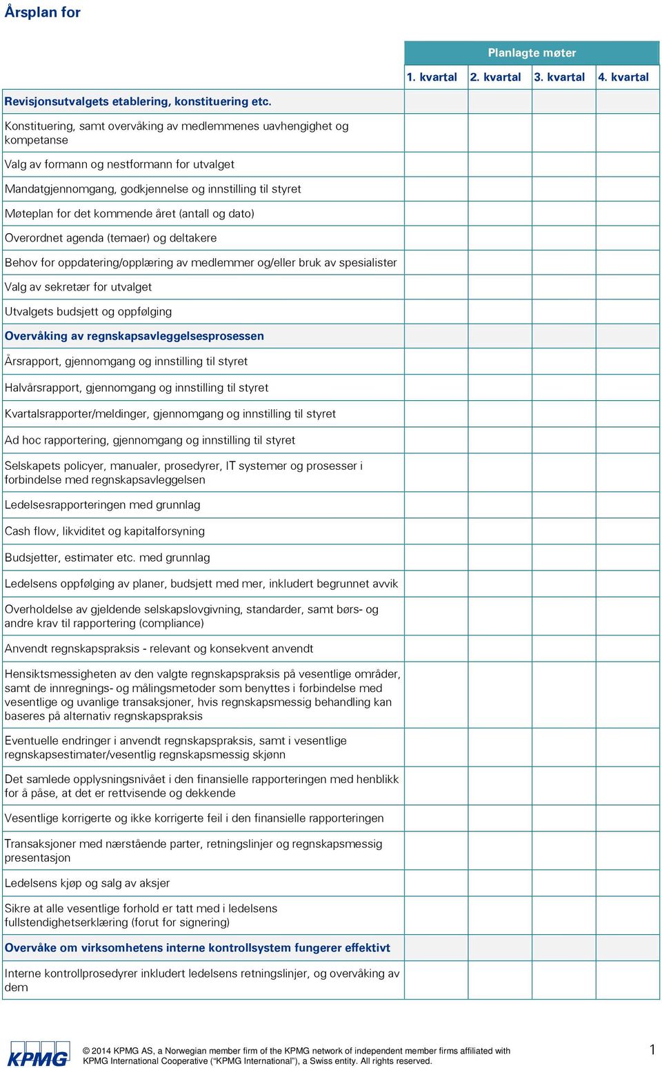 kommende året (antall og dato) Overordnet agenda (temaer) og deltakere Behov for oppdatering/opplæring av medlemmer og/eller bruk av spesialister Valg av sekretær for utvalget Utvalgets budsjett og