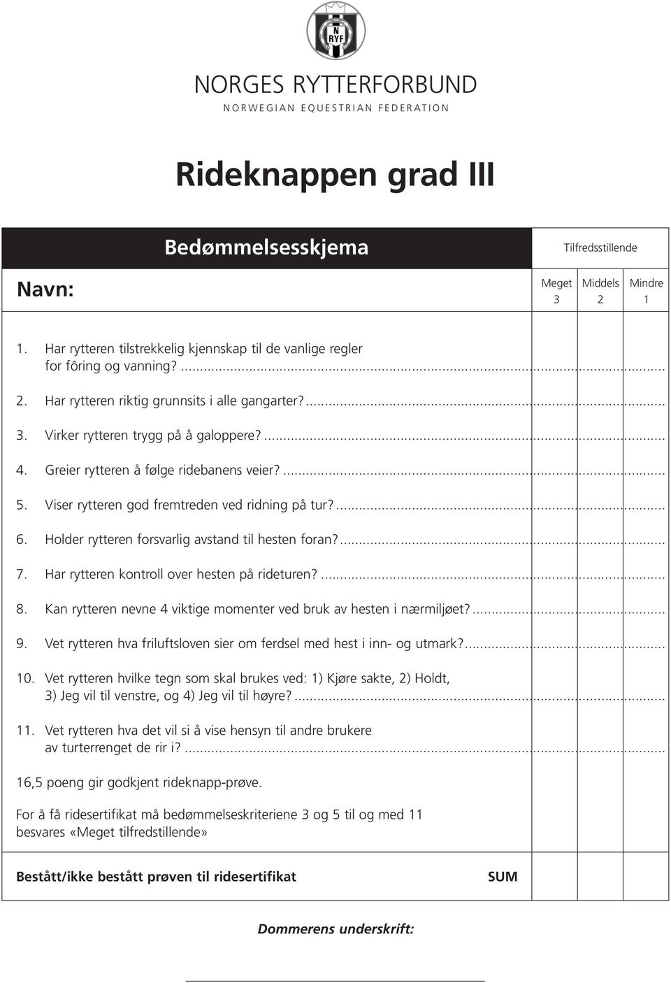 ... 7. Har rytteren kontroll over hesten på rideturen?... 8. Kan rytteren nevne 4 viktige momenter ved bruk av hesten i nærmiljøet?... 9.