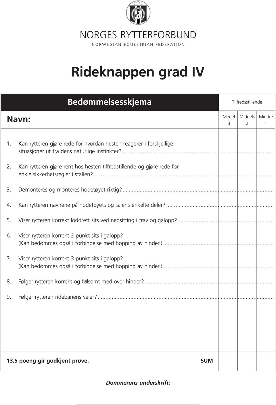 Kan rytteren navnene på hodetøyets og salens enkelte deler?... 5. Viser rytteren korrekt loddrett sits ved nedsitting i trav og galopp?... 6. Viser rytteren korrekt 2-punkt sits i galopp?