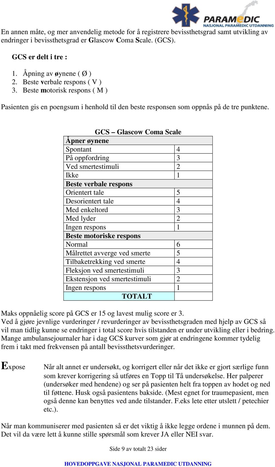 GCS Glascow Coma Scale Åpner øynene Spontant 4 På oppfordring 3 Ved smertestimuli 2 Ikke 1 Beste verbale respons Orientert tale 5 Desorientert tale 4 Med enkeltord 3 Med lyder 2 Ingen respons 1 Beste