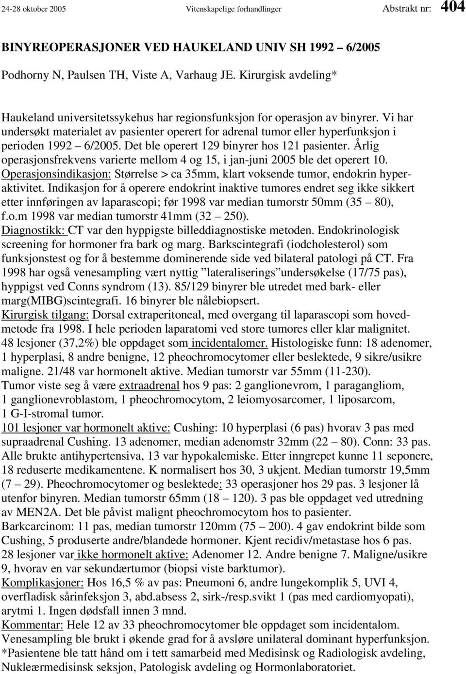 Vi har undersøkt materialet av pasienter operert for adrenal tumor eller hyperfunksjon i perioden 1992 6/2005. Det ble operert 129 binyrer hos 121 pasienter.