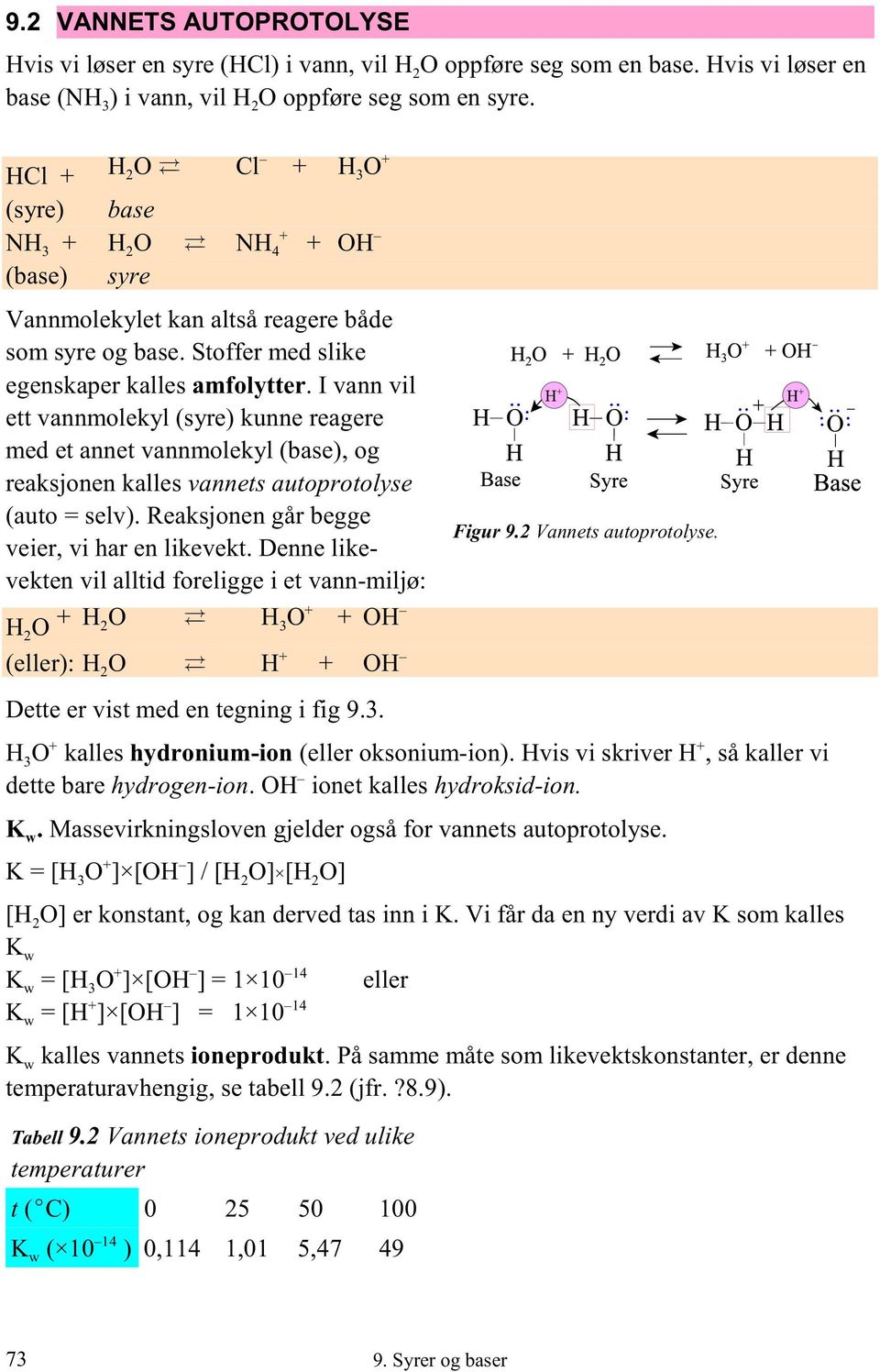 I vann vil ett vannmolekyl (syre) kunne reagere med et annet vannmolekyl (base), og reaksjonen kalles vannets autoprotolyse (auto = selv). Reaksjonen går begge veier, vi har en likevekt.