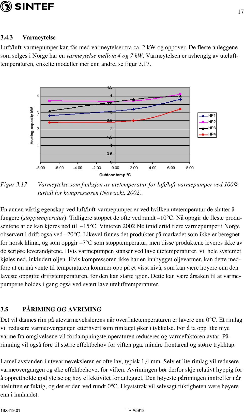 17 Varmeytelse som funksjon av utetemperatur for luft/luft-varmepumper ved 100% turtall for kompressoren (Nowacki, 2002).