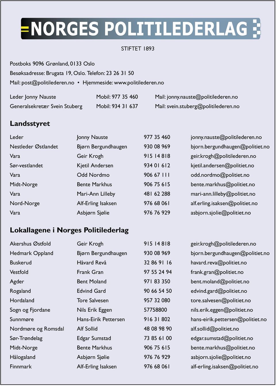 bergundhaugen@politiet.no Vara Geir Krogh 915 14 818 geir.krogh@politilederen.no Sør-vestlandet Kjetil Andersen 934 01 612 kjetil.andersen@politiet.no Vara Odd Nordmo 906 67 111 odd.nordmo@politiet.