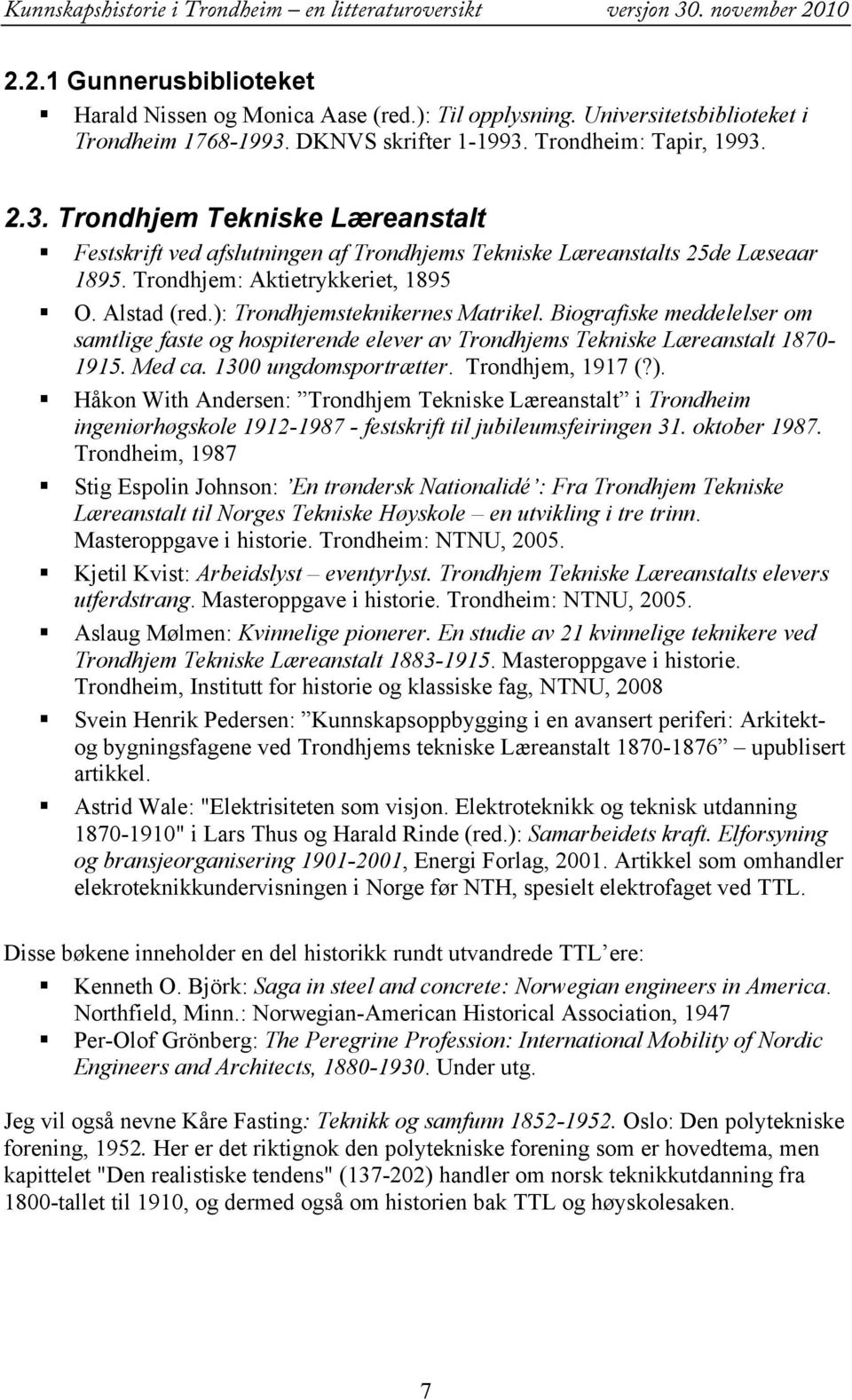 Trondhjem: Aktietrykkeriet, 1895 O. Alstad (red.): Trondhjemsteknikernes Matrikel. Biografiske meddelelser om samtlige faste og hospiterende elever av Trondhjems Tekniske Læreanstalt 1870-1915.