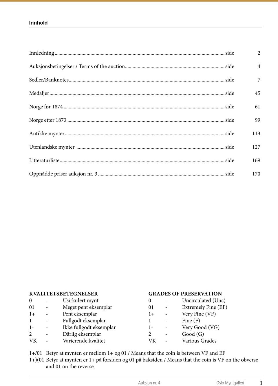 ..side 170 KVALITETSBETEGNELSER 0 - Usirkulert mynt 01 - Meget pent eksemplar 1+ - Pent eksemplar 1 - Fullgodt eksemplar 1- - Ikke fullgodt eksemplar 2 - Dårlig eksemplar VK - Varierende kvalitet