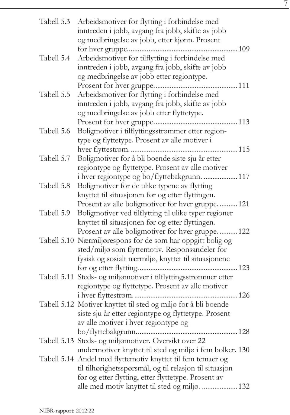 5 Arbeidsmotiver for flytting i forbindelse med inntreden i jobb, avgang fra jobb, skifte av jobb og medbringelse av jobb etter flyttetype. Prosent for hver gruppe.... 113 Tabell 5.