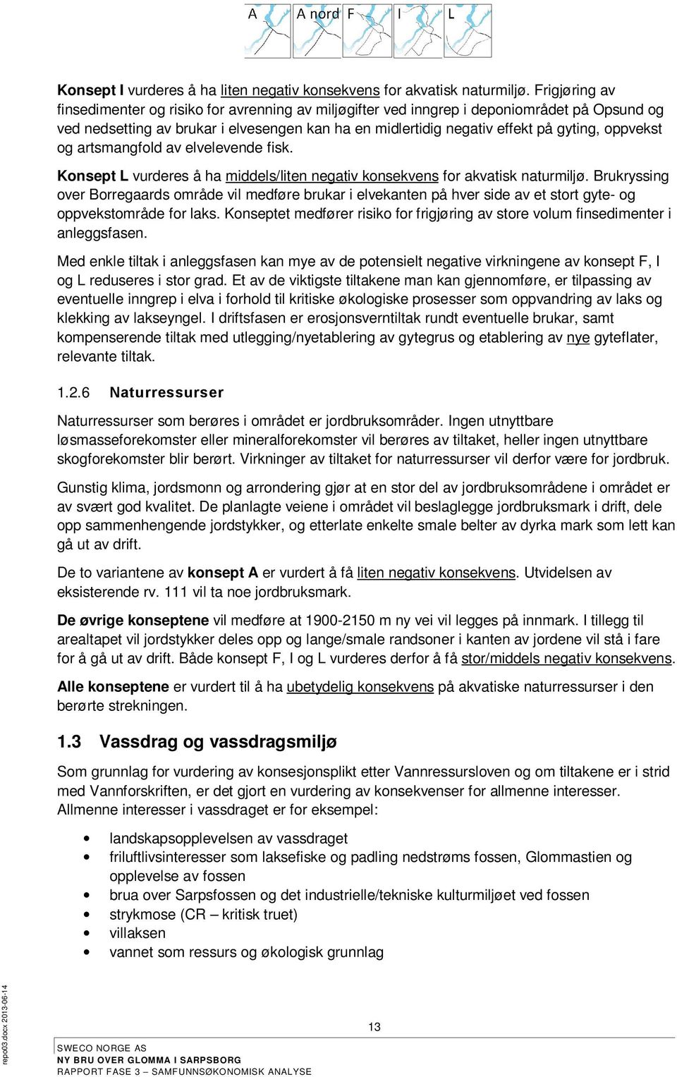 oppvekst og artsmangfold av elvelevende fisk. Konsept L vurderes å ha middels/liten negativ konsekvens for akvatisk naturmiljø.