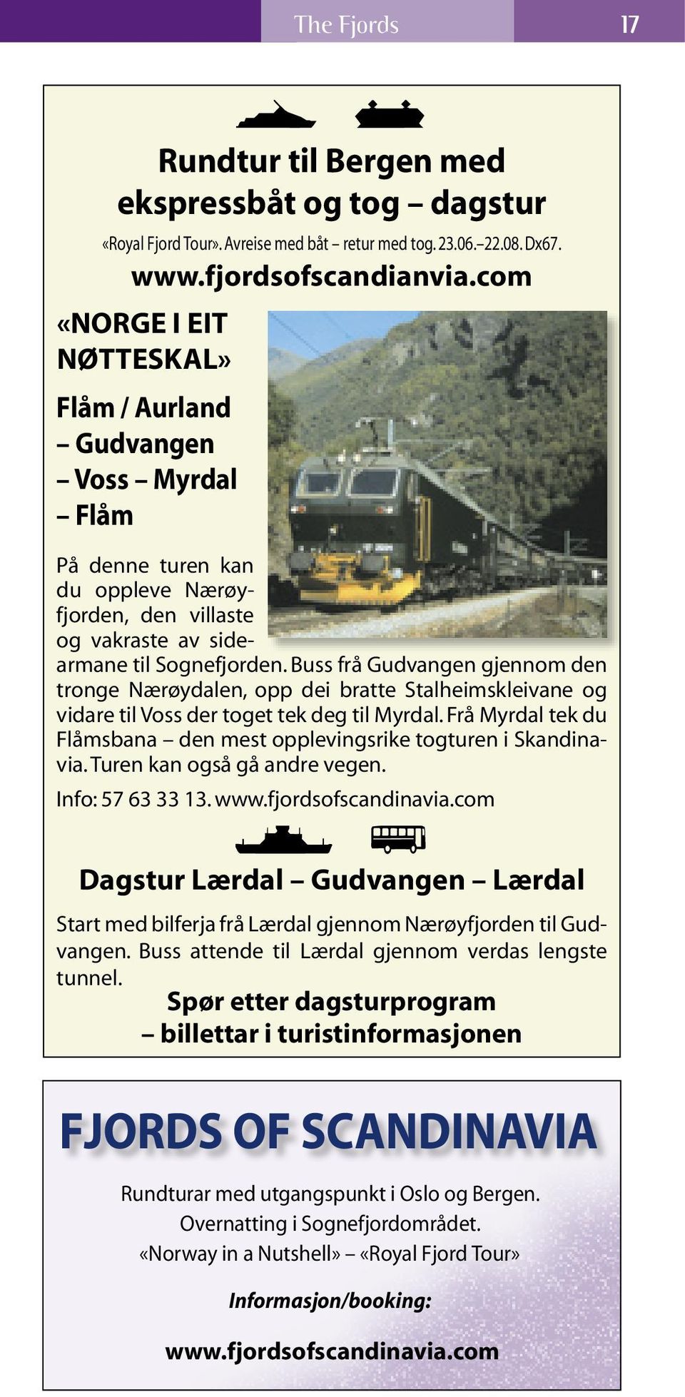 Buss frå Gudvangen gjennom den tronge Nærøy dalen, opp dei bratte Stalheimskleivane og vidare til Voss der toget tek deg til Myrdal.