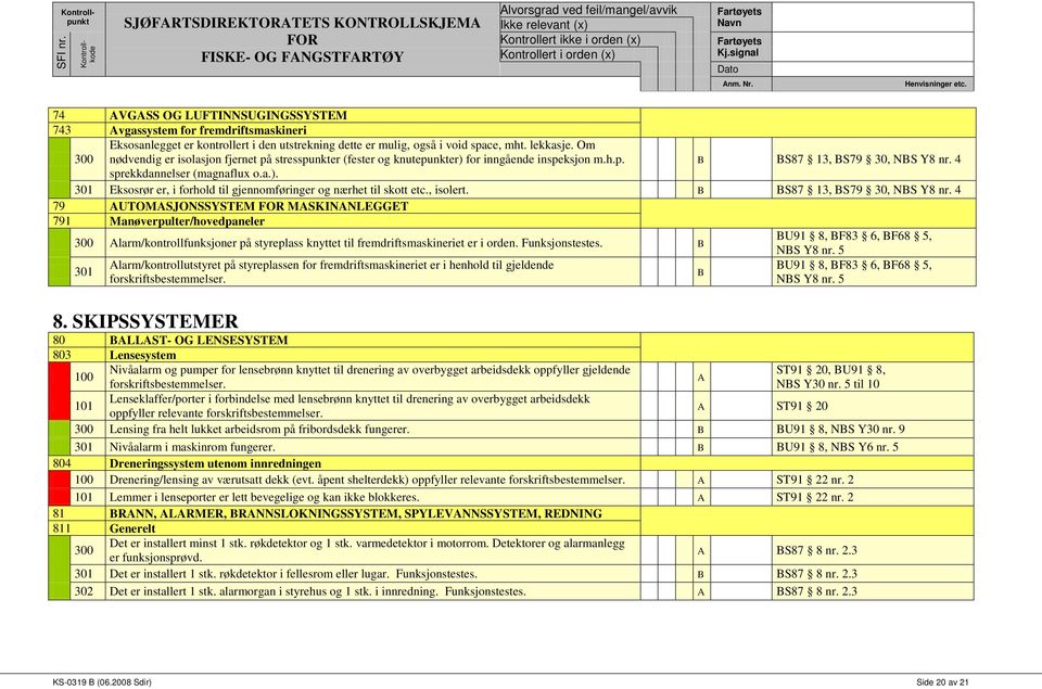 , isolert. S87 13, S79 30, NS Y8 nr. 4 79 AUTOMASJONSSYSTEM MASKINANLEGGET 791 Manøverpulter/hovedpaneler Alarm/kontrollfunksjoner på styreplass knyttet til fremdriftsmaskineriet er i orden.