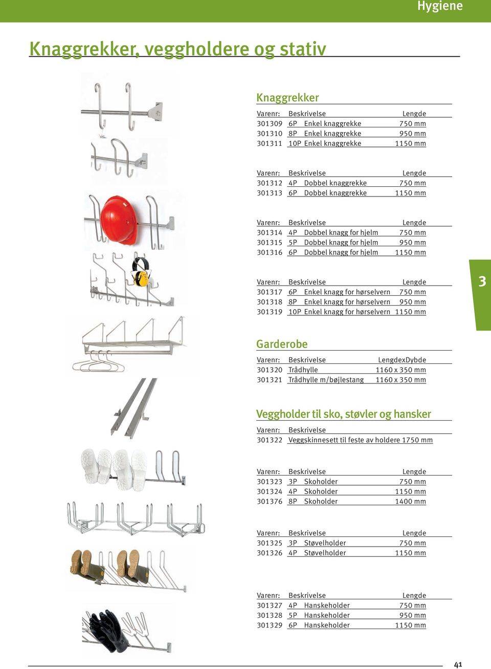 1150 mm Varenr: Beskrivelse Lengde 0117 6P Enkel knagg for hørselvern 750 mm 0118 8P Enkel knagg for hørselvern 950 mm 0119 10P Enkel knagg for hørselvern 1150 mm Garderobe Varenr: Beskrivelse