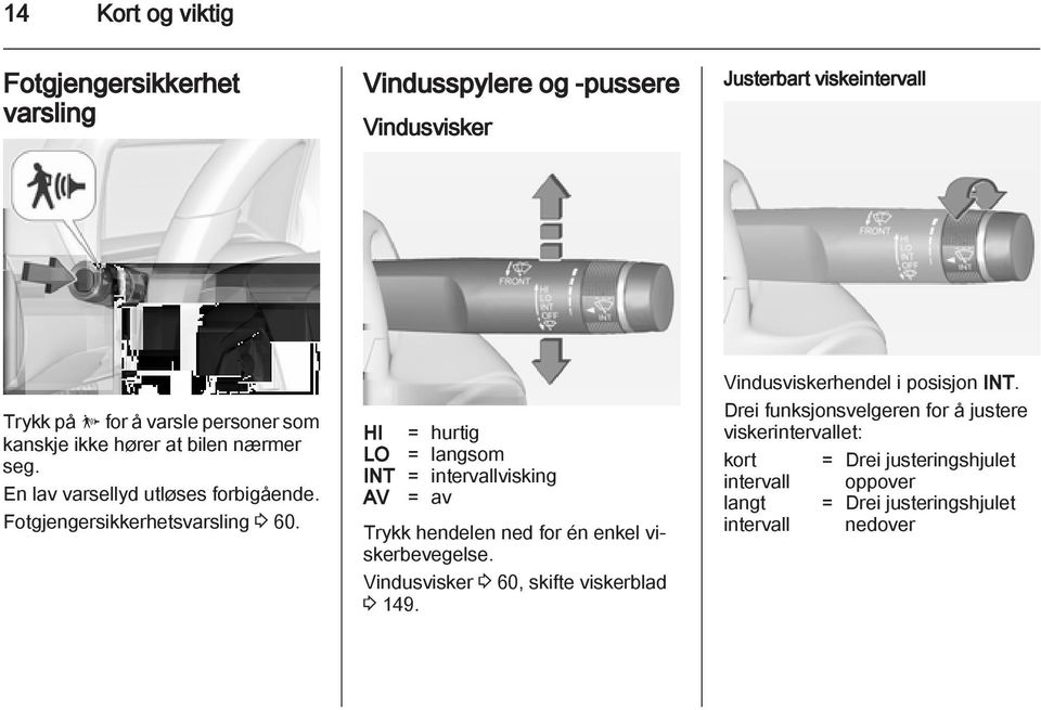 HI = hurtig LO = langsom INT = intervallvisking AV = av Trykk hendelen ned for én enkel viskerbevegelse. Vindusvisker 3 60, skifte viskerblad 3 149.