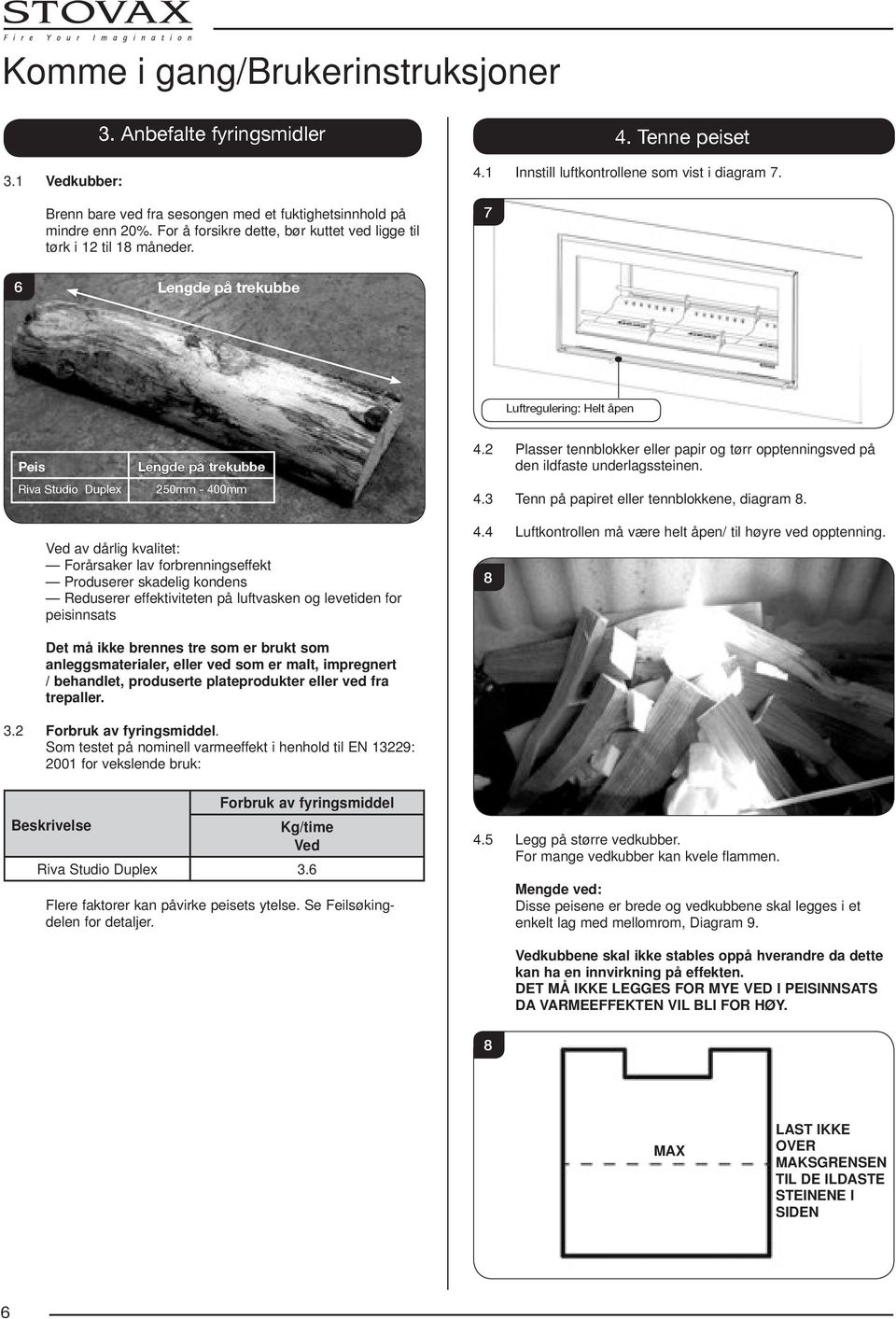 7 6 Lengde på trekubbe Luftregulering: Helt åpen Peis Riva Studio Duplex Lengde på trekubbe 250mm - 400mm 4.2 Plasser tennblokker eller papir og tørr opptenningsved på den ildfaste underlagssteinen.