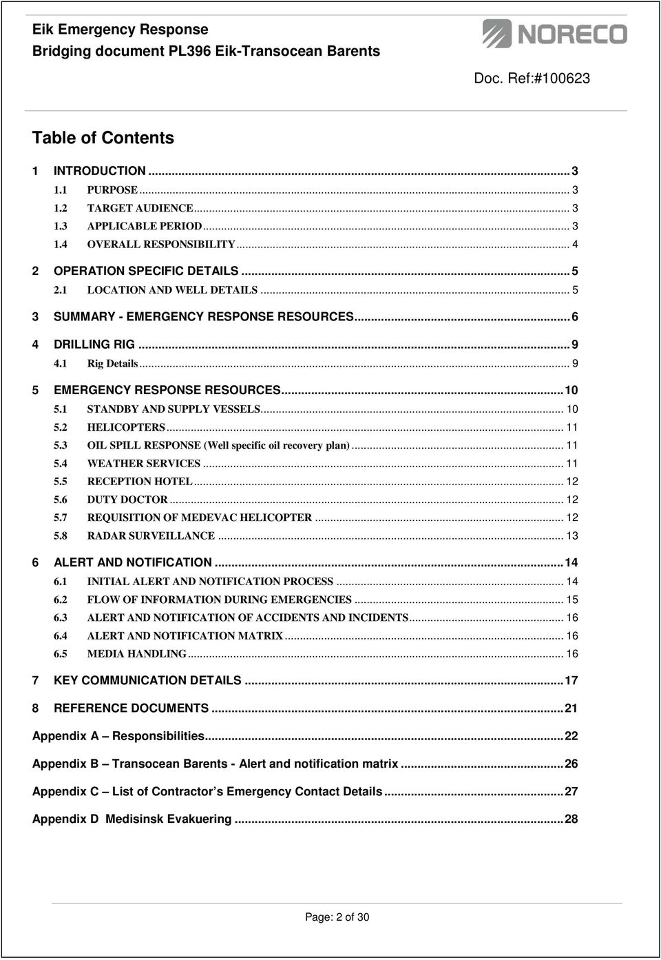 .. 11 5.3 OIL SPILL RESPONSE (Well specific oil recovery plan)... 11 5.4 WEATHER SERVICES... 11 5.5 RECEPTION HOTEL... 12 5.6 DUTY DOCTOR... 12 5.7 REQUISITION OF MEDEVAC HELICOPTER... 12 5.8 RADAR SURVEILLANCE.