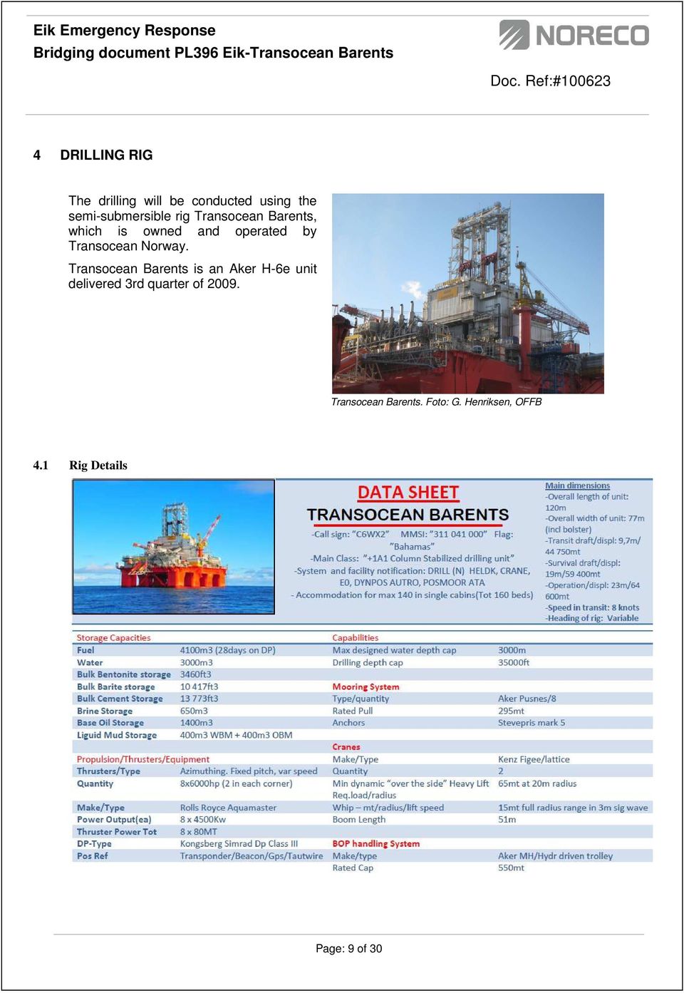 Transocean Barents is an Aker H-6e unit delivered 3rd quarter of 2009.