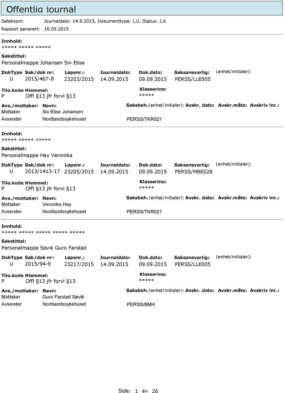 ERSS/TKR021 ersonalmappe Hay Veronika 2013/1413-17 23205/2015 ERSS/MBE028 Mottaker Veronika Hay