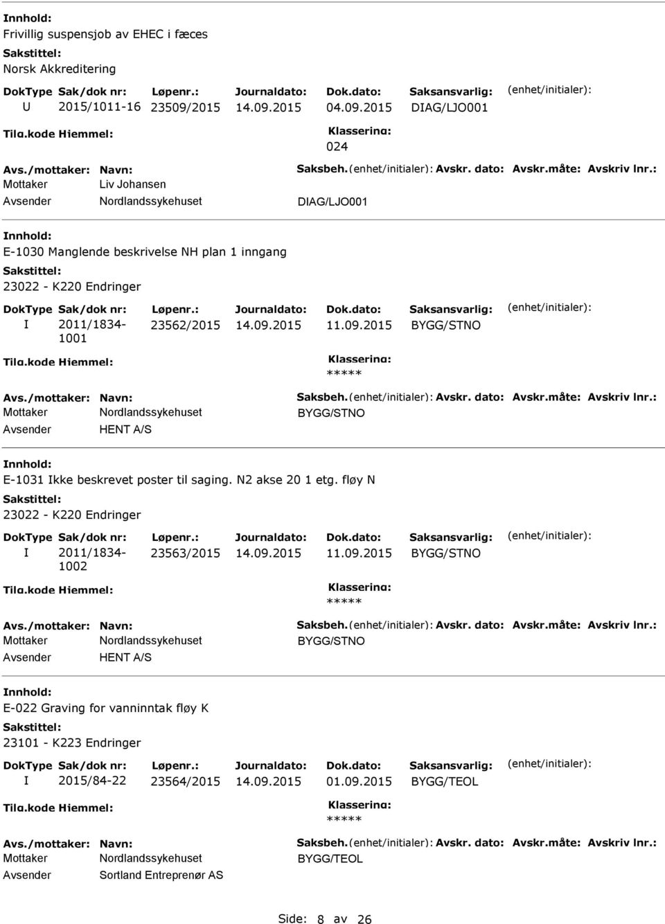 2015 DAG/LJO001 024 Mottaker Liv Johansen DAG/LJO001 E-1030 Manglende beskrivelse NH plan 1 inngang 23022 - K220 Endringer