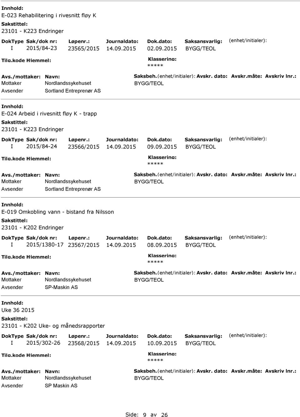 23566/2015 Sortland Entreprenør AS E-019 Omkobling vann - bistand fra Nilsson 23101 - K202 Endringer